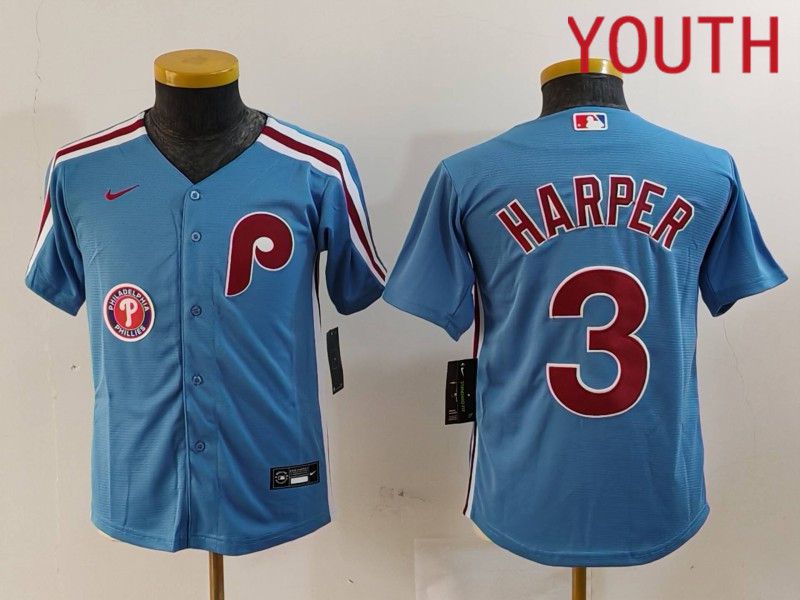 Youth Philadelphia Phillies #3 Harper Blue Throwback 2024 Nike MLB Jersey style 3->youth mlb jersey->Youth Jersey